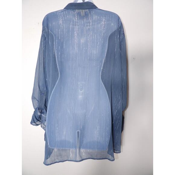Michael Kors 3X Sheer Sparkly Top Button Up Layers Slate Blue Roll Tab - Picture 11 of 11